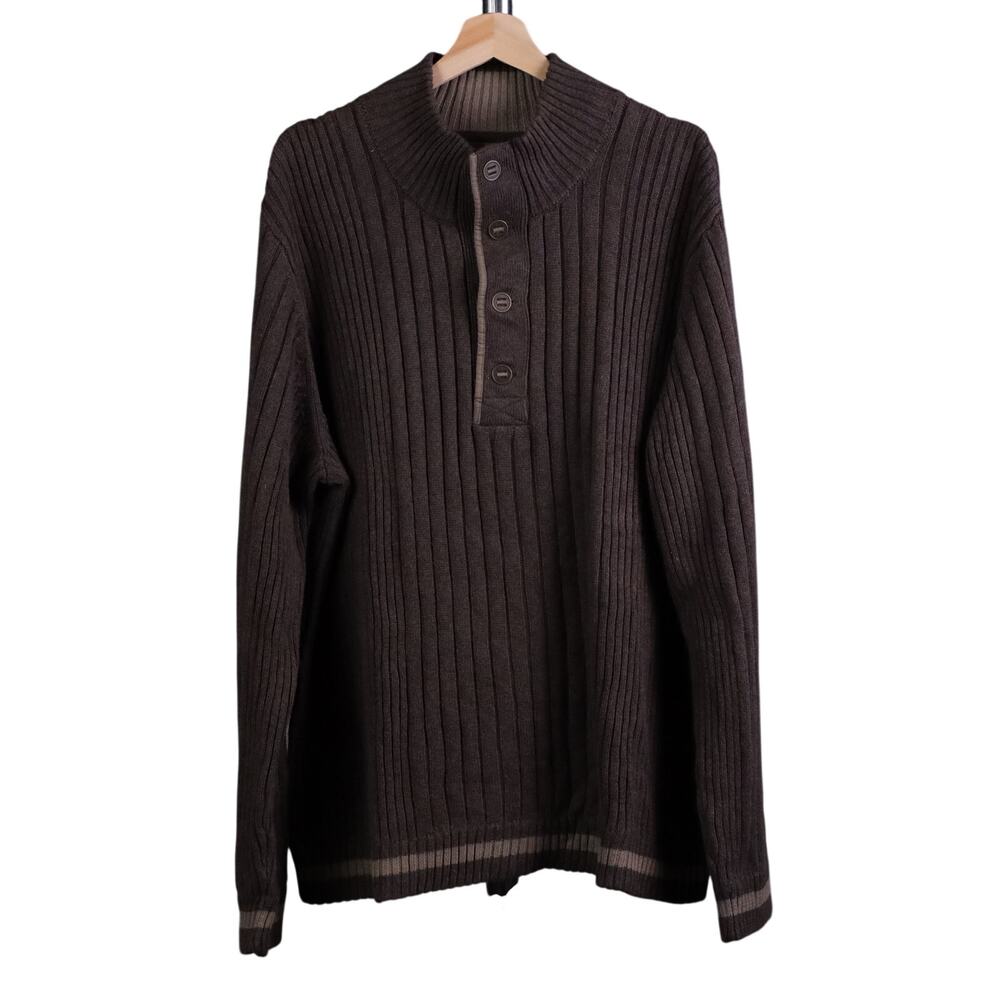 Eddie Bauer Ribbed Henley Sweater Mens XXL 2XL Brown Cotton Heavy Knit Pullover